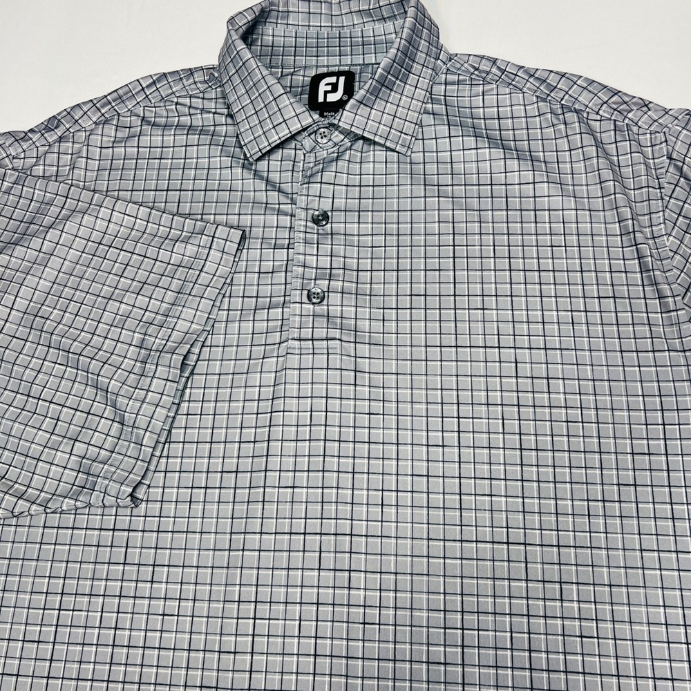 FootJoy Mens XL Grey Grid Check Performance Golf Polo Shirt Short Sleeve FJ